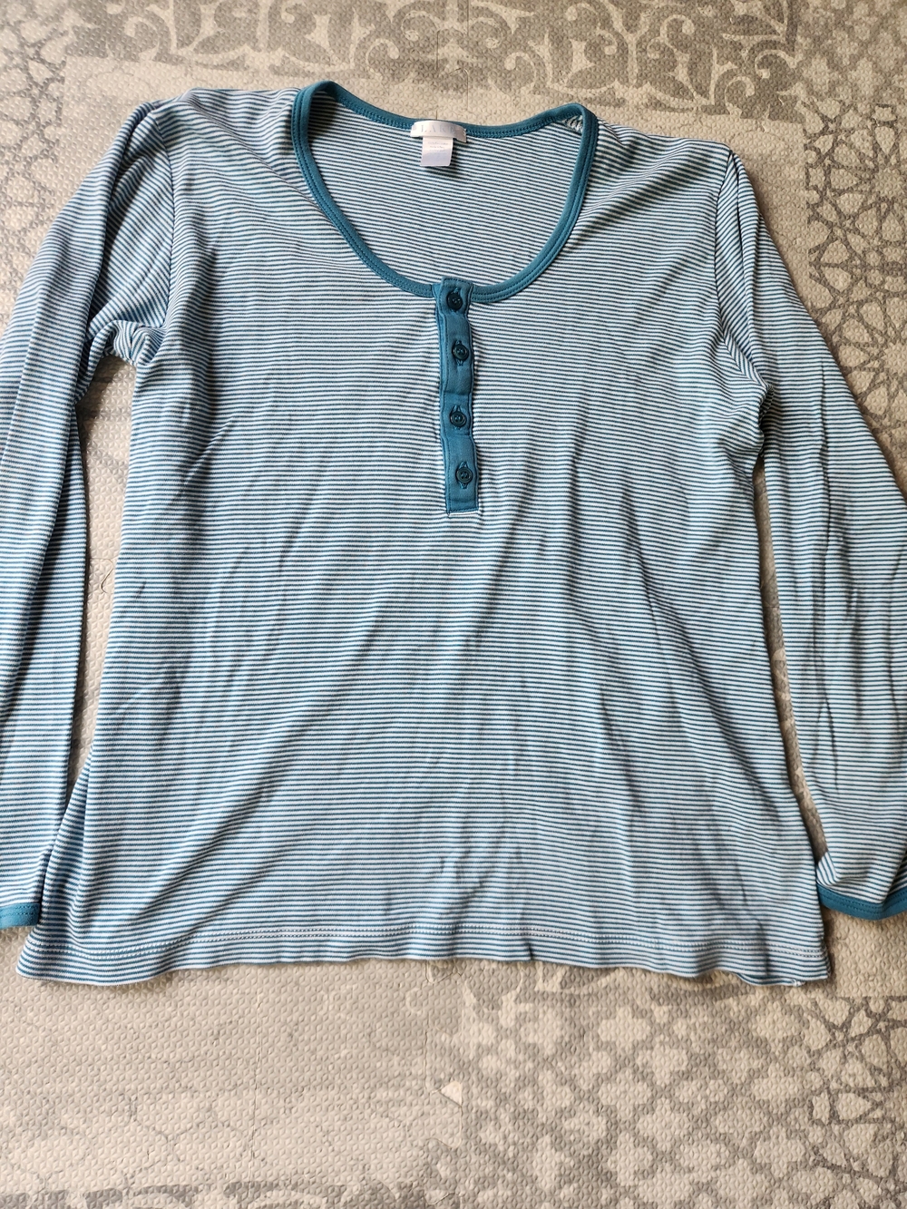 LAKE Women’s Striped Long-Sleeve Henley Pima Cotton Pajama Top Shirt Teal, Small